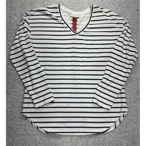 Ariat‎ Women's M White Black Striped Long Sleeve V-Neck T-Shirt Crochet Accent